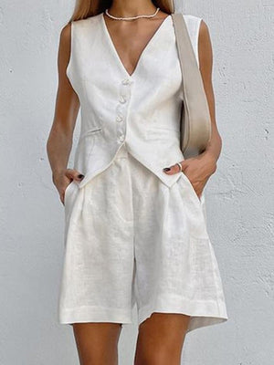 Cotton Linen Vest Shorts White Blue Sets Sleeveless Button V-neck Waistcoat 2 Pieces Set Womens Elegant Top Shorts Suits