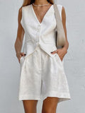 Cotton Linen Vest Shorts White Blue Sets Sleeveless Button V-neck Waistcoat 2 Pieces Set Womens Elegant Top Shorts Suits