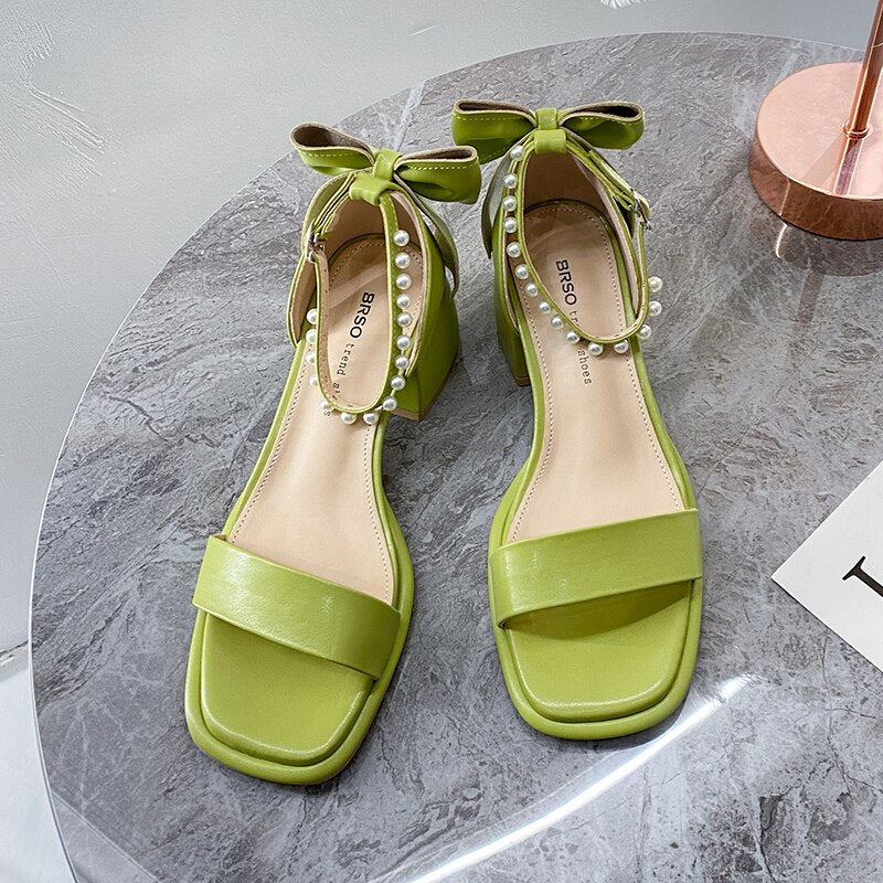 woloong Brand Ladies Sandal Spring New Fairy Pearl Sandals Sweet Square Heel with Mesh Crystal Temperament High Heels Tenis Masculino