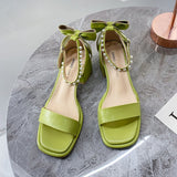 woloong Brand Ladies Sandal Spring New Fairy Pearl Sandals Sweet Square Heel with Mesh Crystal Temperament High Heels Tenis Masculino