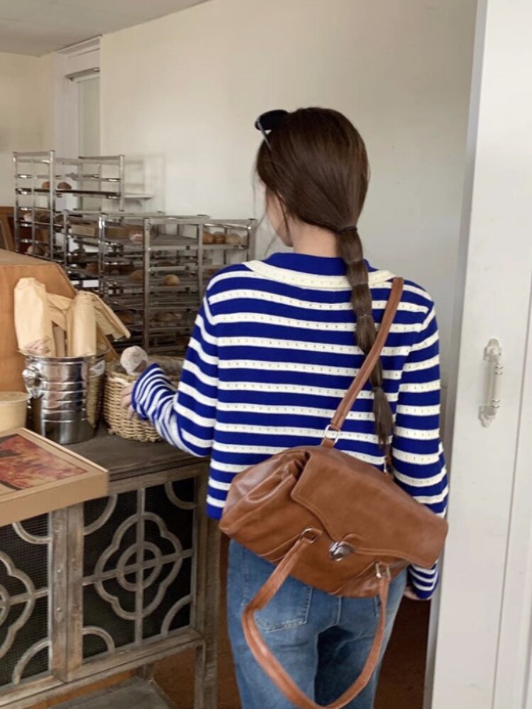 Striped Knitted Cardigan Women Hollow Out Turn Down Collar Long Sleeve Cropped Sweater Loose Outwear Autumn New Tops