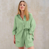 Cotton Pajamas For Women Sets Suit Casual Sleepwear Turn-Down Collar Nine Quarter Sleeve Sleep Tops Shorts Female Homewear
