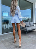 Vintage Single Breasted Hollow Out Shorts Sets Long Sleeve White Casual Party 2 Pcs Lace Outfits Women Femme Pajama Suits