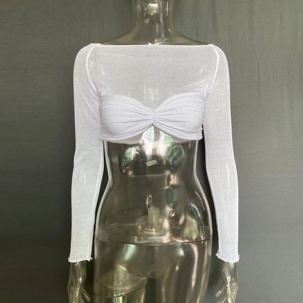 Black Friday  Mesh Sheer Off-Shoulder Top Shirt For Women New Long Sleeve See-Through Lace Knit Pullover Tops Summer Mesh Top Tee Shirt