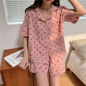 Lovely Heart Print Summer Pajamas Set Women Single Breasted Shirts + Shorts Set Two Piece Home Suit Cotton Sweet Kawaii