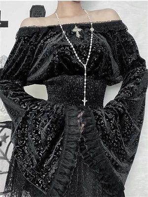 Dark Gothic Sexy Slim Fit Lace Panel Tops Y2K Grunge Vintage Punk Embossed Flare Sleeve Top Women's Autumn New T Shirt for Women