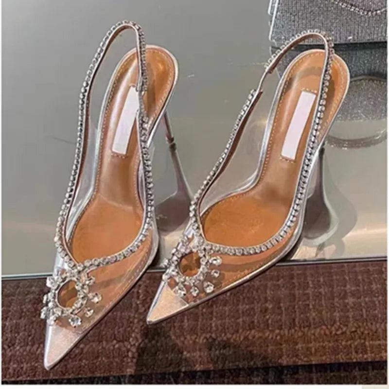 Spring and summer new European and American pointed high heels transparent rhinestone fashion sandals