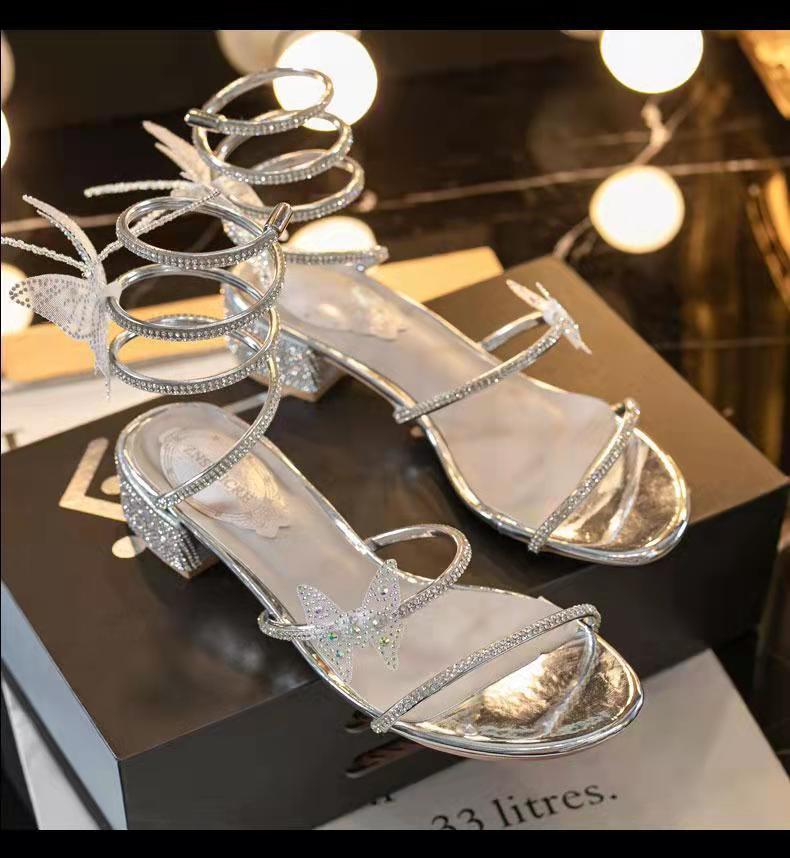 Summer New Women's Sandals Fashion Luxury Rhinestone Butterfly Snake Surround Chunky Heel Banquet Shoes