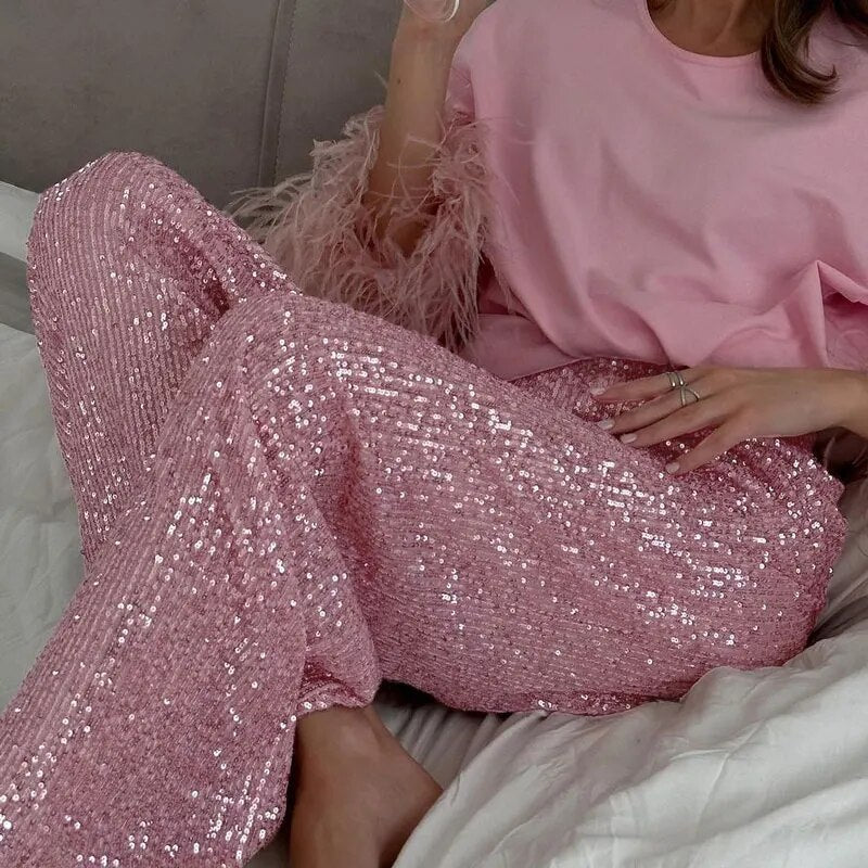 Silver Sequin Female Trousers High Waist Casual Luxury Party Outfit Trousers Fashion High Street Sparkle Straight Legg New