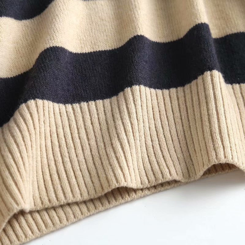 Y2k Autumn Winter Loose Knitted Sweater Jumpers Woman New Vintage Casual Polo Deep V-Neck Striped Pullover Female