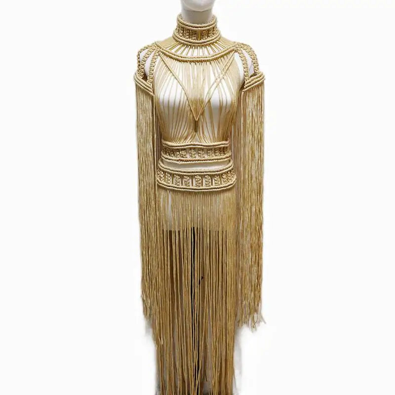 Tassel Hand Crochet Knitted Women Bikini Cover Ups  Summer Holiday Beach Bathing Suit Sexy Hollow Out Skirts Matching Set