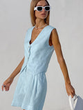 Cotton Linen Vest Shorts White Blue Sets Sleeveless Button V-neck Waistcoat 2 Pieces Set Womens Elegant Top Shorts Suits