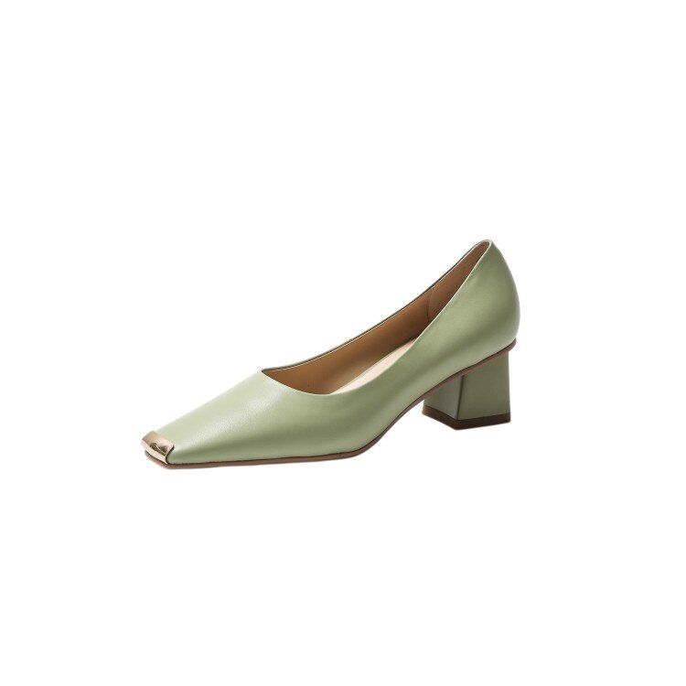 Spring New Women's Pumps Genuine Leather Square Toe Chunky Heel Fashion All-match Casual Women's Shoes Green/Apricot