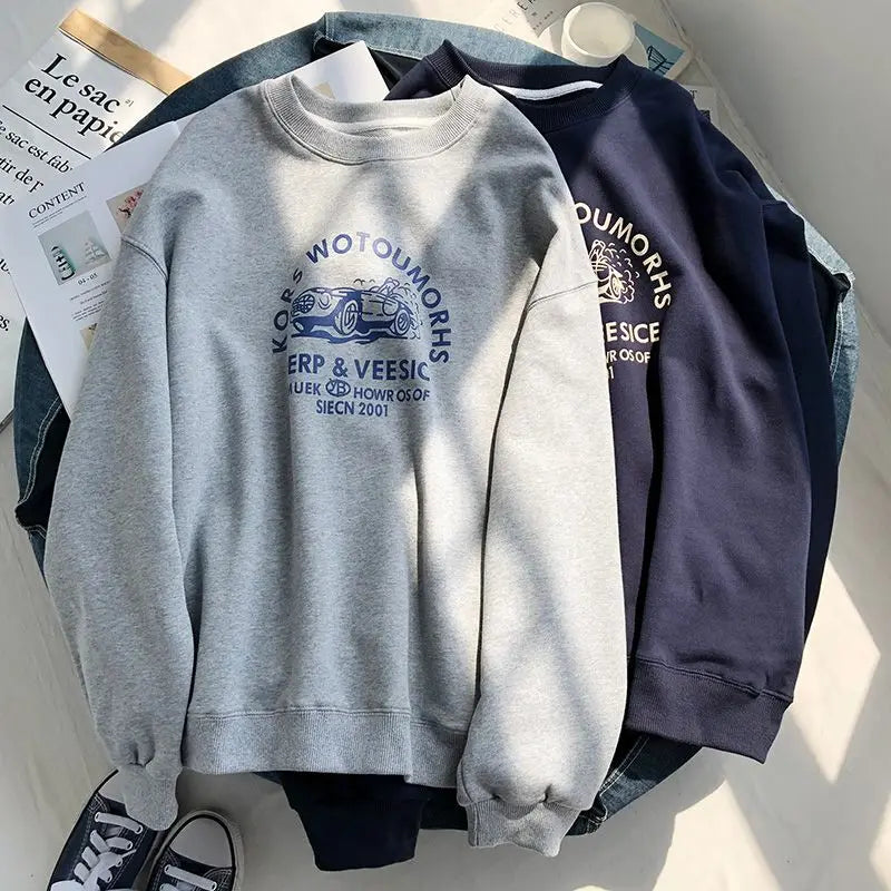 Retro Printed Round Neck Sweatshirt Long Sleeved T Shirt Men and Women New Fashion Casual Loose All Match Pullover Oversized Top