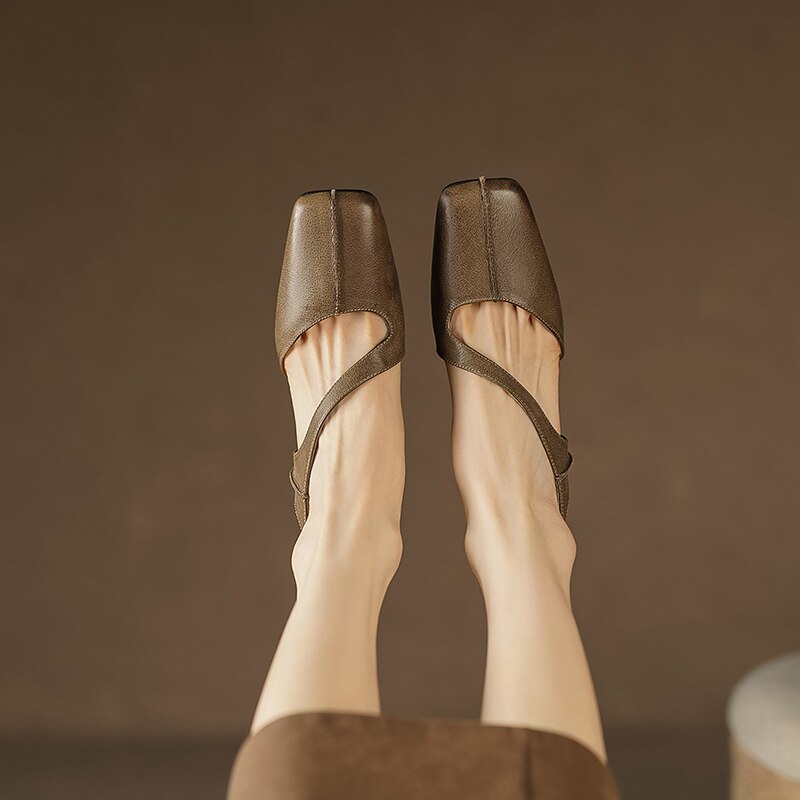 Summer New Simple Ladies Slingbacks Dress Shoes Back Strap Genuine Leather Square Toe Sandals Woman Thick High Heel Sandals