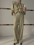 Ruffle Spliced V-neck Shirt + High Waist Wide Leg Pants Set Female  Autumn New Women Solid Loose Two-piece 16T577