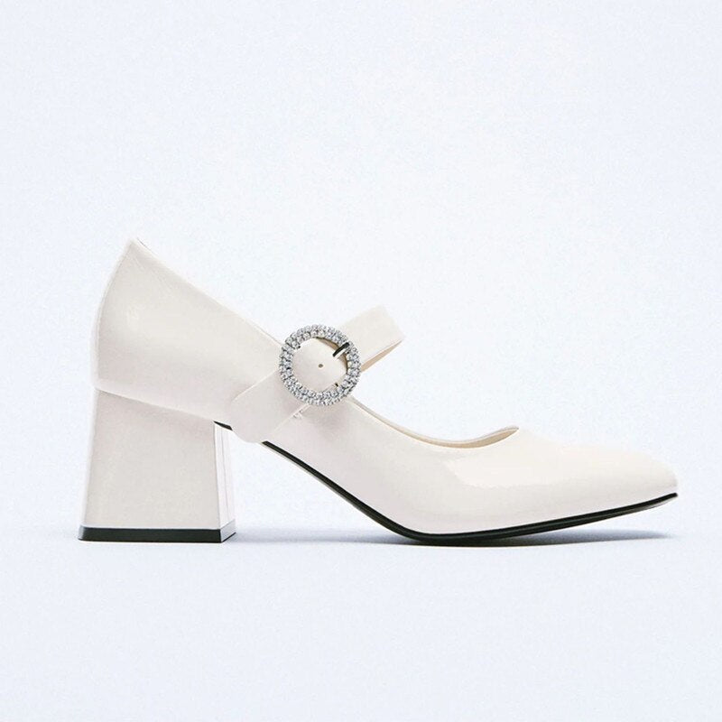 woloong High Heels Women's Spring New Round Toe Black Ladies Small Leather Shoes Retro Fashion Thick Heel Shallow Shoes