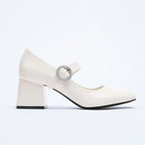 woloong High Heels Women's Spring New Round Toe Black Ladies Small Leather Shoes Retro Fashion Thick Heel Shallow Shoes