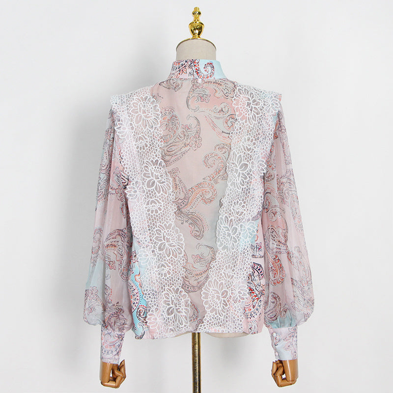 woloong  Sweet Patchwork Lace Set For Women Stand Collar Long Sleeve Shirt High Waist Skirt Print Sets Female Fashion New