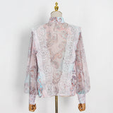 woloong  Sweet Patchwork Lace Set For Women Stand Collar Long Sleeve Shirt High Waist Skirt Print Sets Female Fashion New