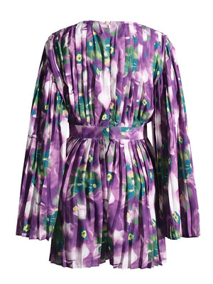 Vintage Print Jumpsuit Women V Neck Flare Sleeve High Waist Colorblock Pleated Playsuit Female Clothing New