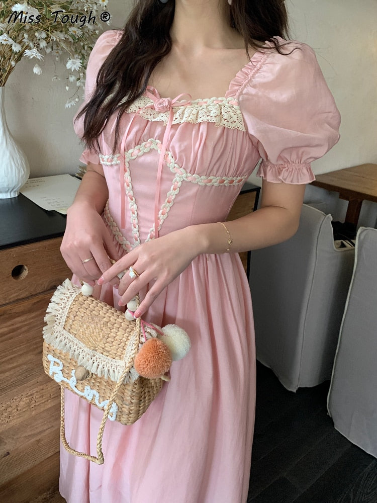 Summer Pink Vintage France Fairy Dress Lace Elegant Evening Party Midi Dress Women Puff Sleeve Korean Style Sweet Dress New