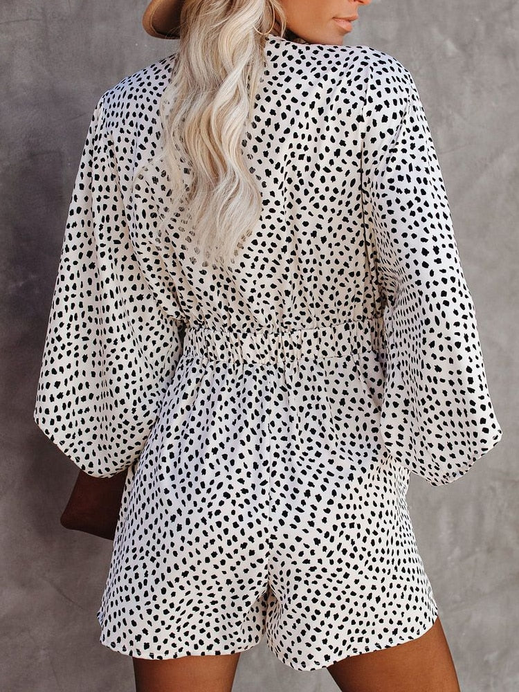 Leopard Print Bowknot Wide Leg Romper Overalls Casual Loose Summer V Neck Playsuits Short Jumpsuits Pockets