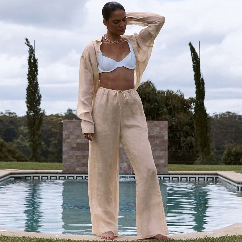 Women Cotton Linen Pajamas Shirt Two Piece Sets Casual Solid Long Sleeve Shirts And Trousers Suit Home Loose Chic Blouse Outfits