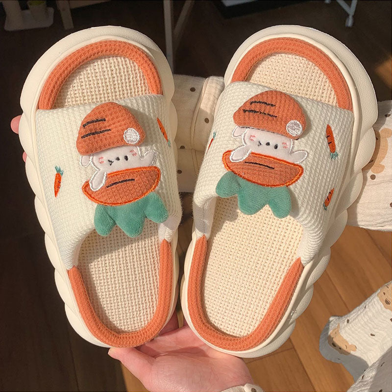 woloong  Four Season Home Non Slip Thick Sole Mute Hemp Cotton Women Slippers Cute Cartoon Shape Men Indoor Shoes New Arrival