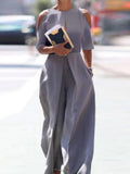 Fashion Hollow Solid Trousers Rompers Summer O Neck Off Shouler Short Sleeve Playsuit Women Elegant Wide Leg Straight Jumpsuits