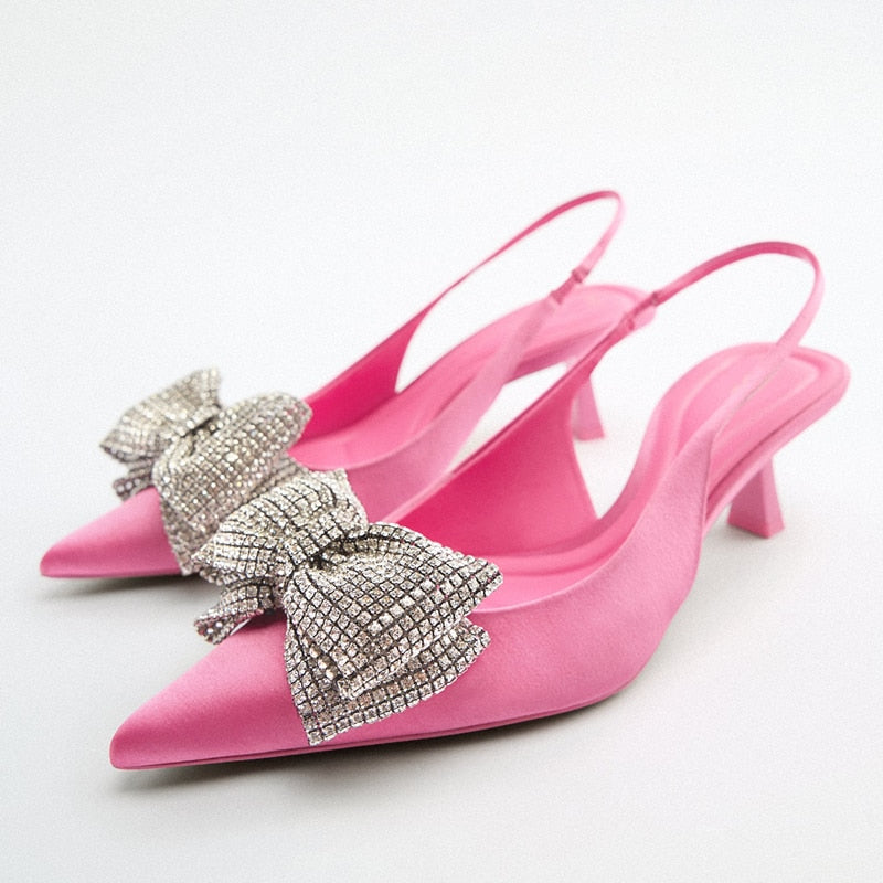 woloong  Summer Sandals Luxury Women New Cute Fashion Pink Bow Tie Rhinestone Pointed High Heels Sexy Pumps Plus Size 35-41