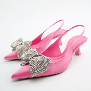 woloong  Summer Sandals Luxury Women New Cute Fashion Pink Bow Tie Rhinestone Pointed High Heels Sexy Pumps Plus Size 35-41