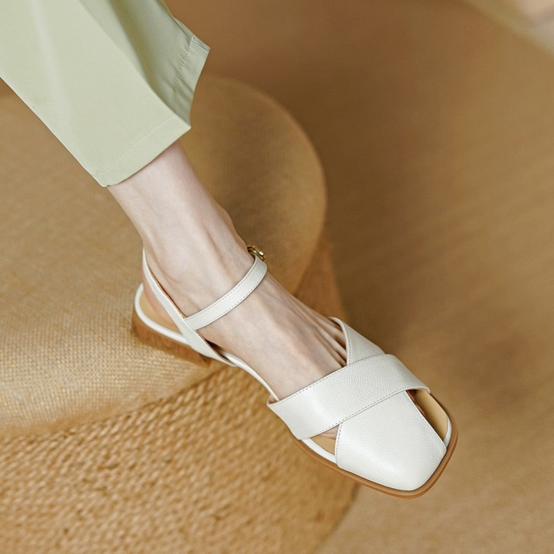 woloong  Women Sandals Office Ladies Casual Pumps Concise Fashion Genuine Leather Low Heels Basic Shoes Woman Summer  New Arrival