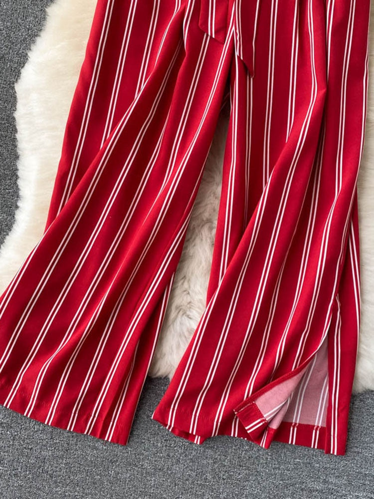 goosudu Summer New Fashion All-match Women's Casual Pants Retro Striped Color Slim Long Slit Wide Leg Pants DK1053
