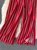 goosudu Summer New Fashion All-match Women's Casual Pants Retro Striped Color Slim Long Slit Wide Leg Pants DK1053