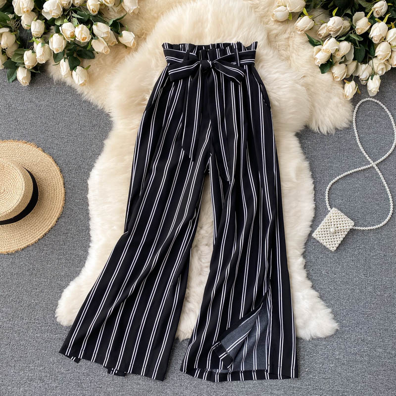 goosudu Summer New Fashion All-match Women's Casual Pants Retro Striped Color Slim Long Slit Wide Leg Pants DK1053