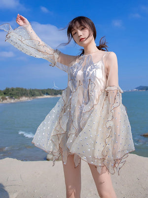 Spring New Organza Embroidered Super Fairy Holiday Beach Jumpsuit Women Fashion Flare Sleeve Ruffles Wide Leg Rompers Bodysuit