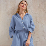 Cotton Pajamas For Women Sets Suit Casual Sleepwear Turn-Down Collar Nine Quarter Sleeve Sleep Tops Shorts Female Homewear