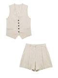 Linen V-neck Vest High Waist Shorts Sets Single Breasted Sleeveless Blazer Shorts 2 Pcs Set Women Fashion Commuter Suits