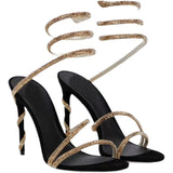 woloong  Red\Black\White Serpentine Winding Crystal Sandals Women Rhinestones Ankle Laces Stiletto Summer Pump Luxury New Party Fit Shoes