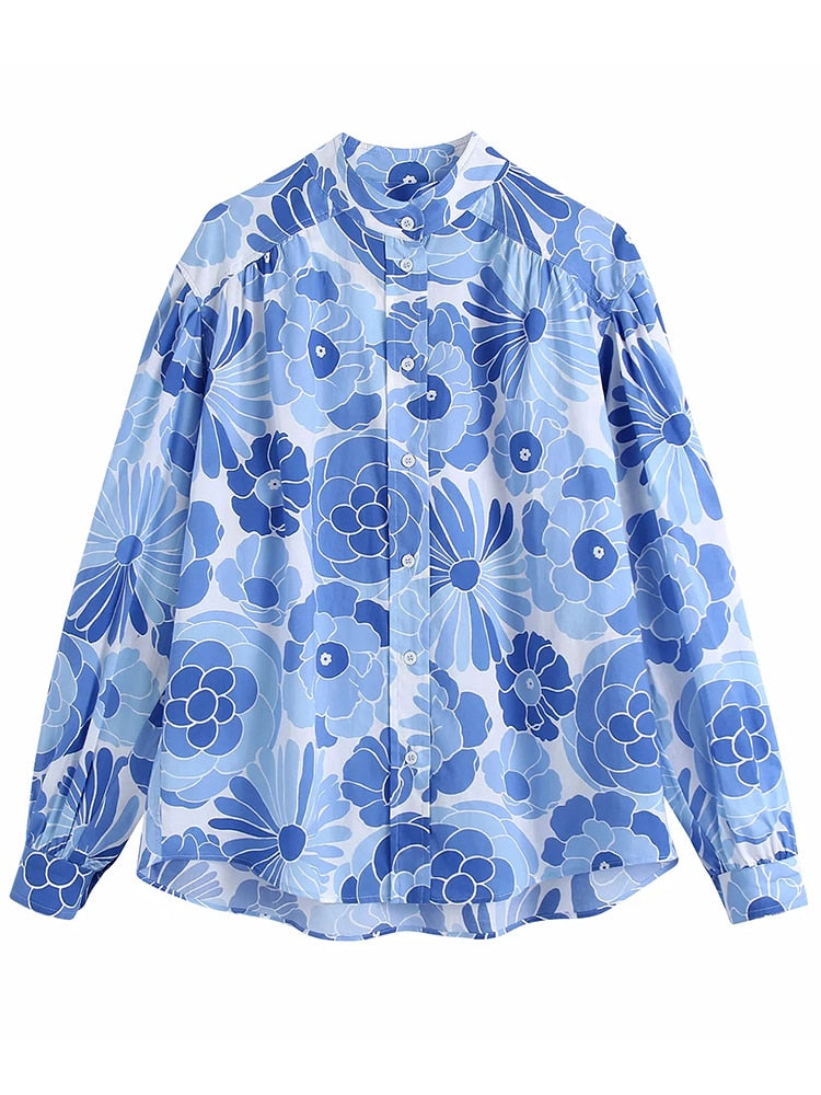goosudu Flower Print Blue Short Sets Women Matching Set Blue Summer Spring Two Pieces Sets Suits Oversized Top Shorts