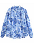 goosudu Flower Print Blue Short Sets Women Matching Set Blue Summer Spring Two Pieces Sets Suits Oversized Top Shorts