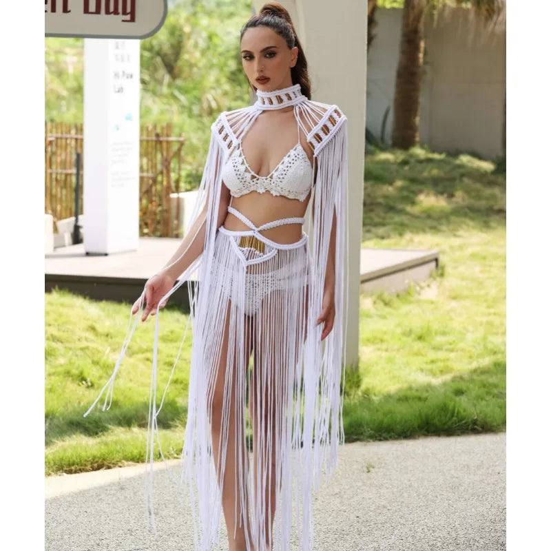 Tassel Hand Crochet Knitted Women Bikini Cover Ups  Summer Holiday Beach Bathing Suit Sexy Hollow Out Skirts Matching Set