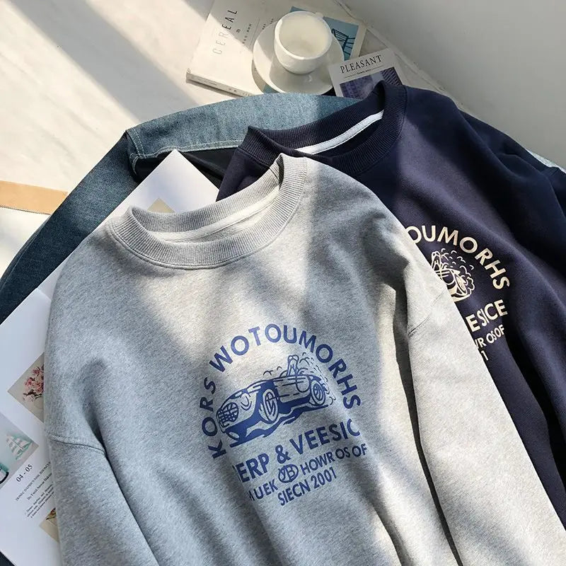 Retro Printed Round Neck Sweatshirt Long Sleeved T Shirt Men and Women New Fashion Casual Loose All Match Pullover Oversized Top