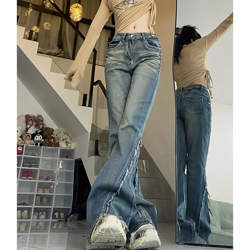 Vintage Blue Women Jeans High Waist Chic American Fashion Y2K Streetwear Wide Leg Jean Female Trouser  NEW Baggy Denim Pants