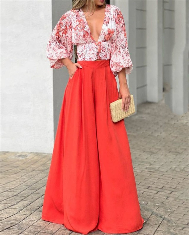 Shirt Long Pants Suits 2 Piece Set Women Long Sleeve Shirt Wide Leg Pants Casual White Spring Summer Outfits  New