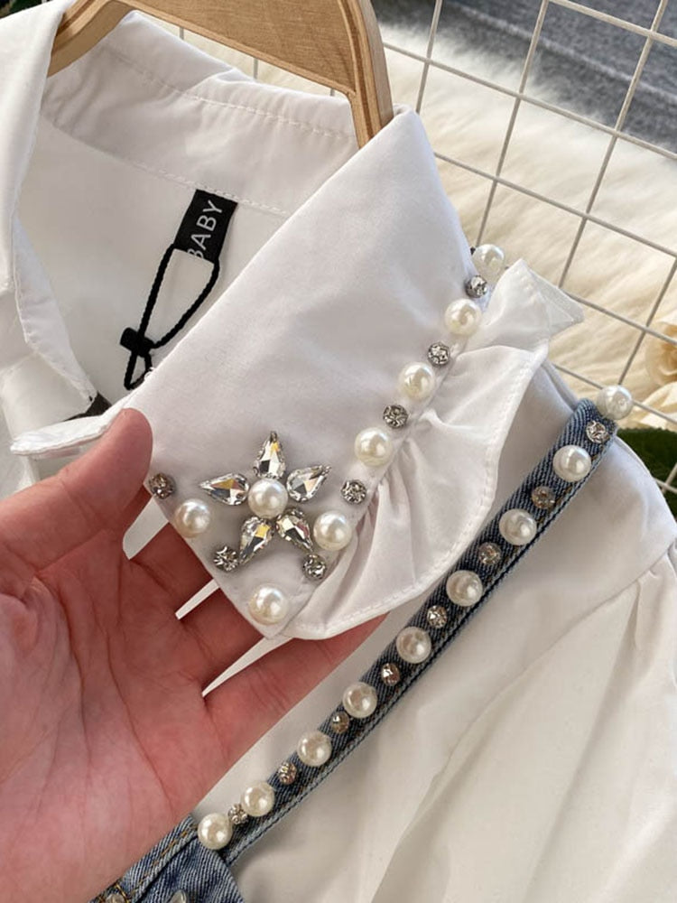 Spring New Blouse Women's Diamond Beaded Puff Sleeve Blusa Top Tassel Pearl Sling Waistcoat Two-piece Stacking Shirt C813