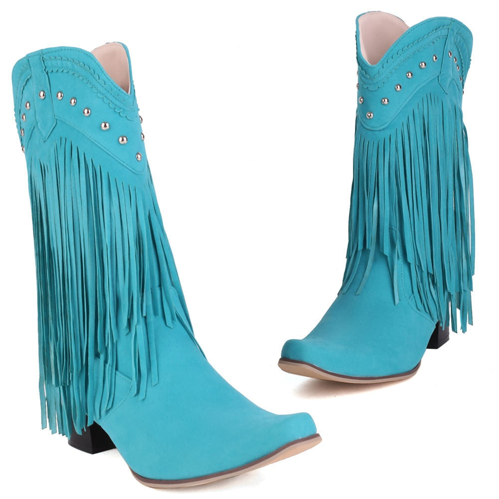 woloong  New Arrival Cowboy Western Long knee-high Boots Women Stacked Heeled Fringe Retro Casual Ridding Boots Autumn Shoes