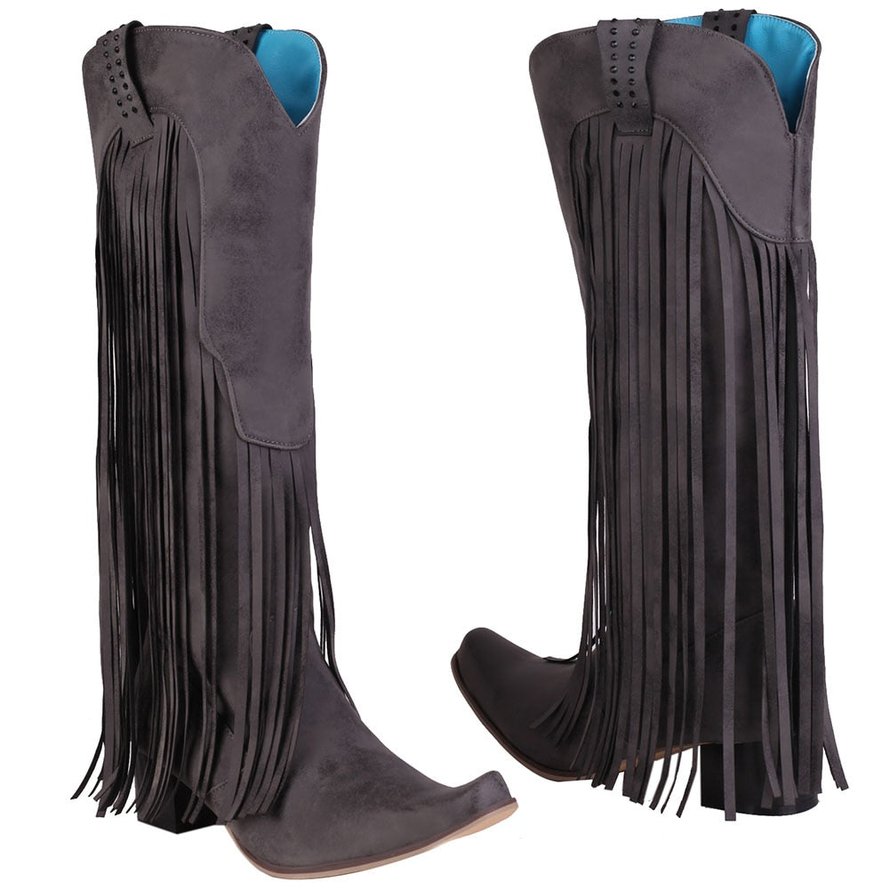 woloong  New Arrival Cowboy Western Long knee-high Boots Women Stacked Heeled Fringe Retro Casual Ridding Boots Autumn Shoes