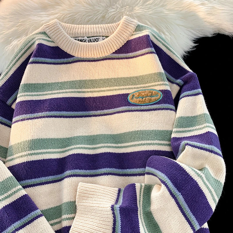 Retro Women Sweaters Winter Streetwear New Warm Knitted Tops Harajuku Hip Hop Loose Stripes Pullovers Couple Sweater Women